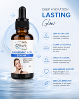 Hyaluronic acid serum bottle with dropper on a blue water droplet background, featuring Allure Beauty brand.