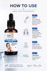 Hyaluronic acid serum bottle with usage instructions on a white background