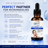 Hyaluronic Acid Serum bottle with promotional text and benefits on a light blue background